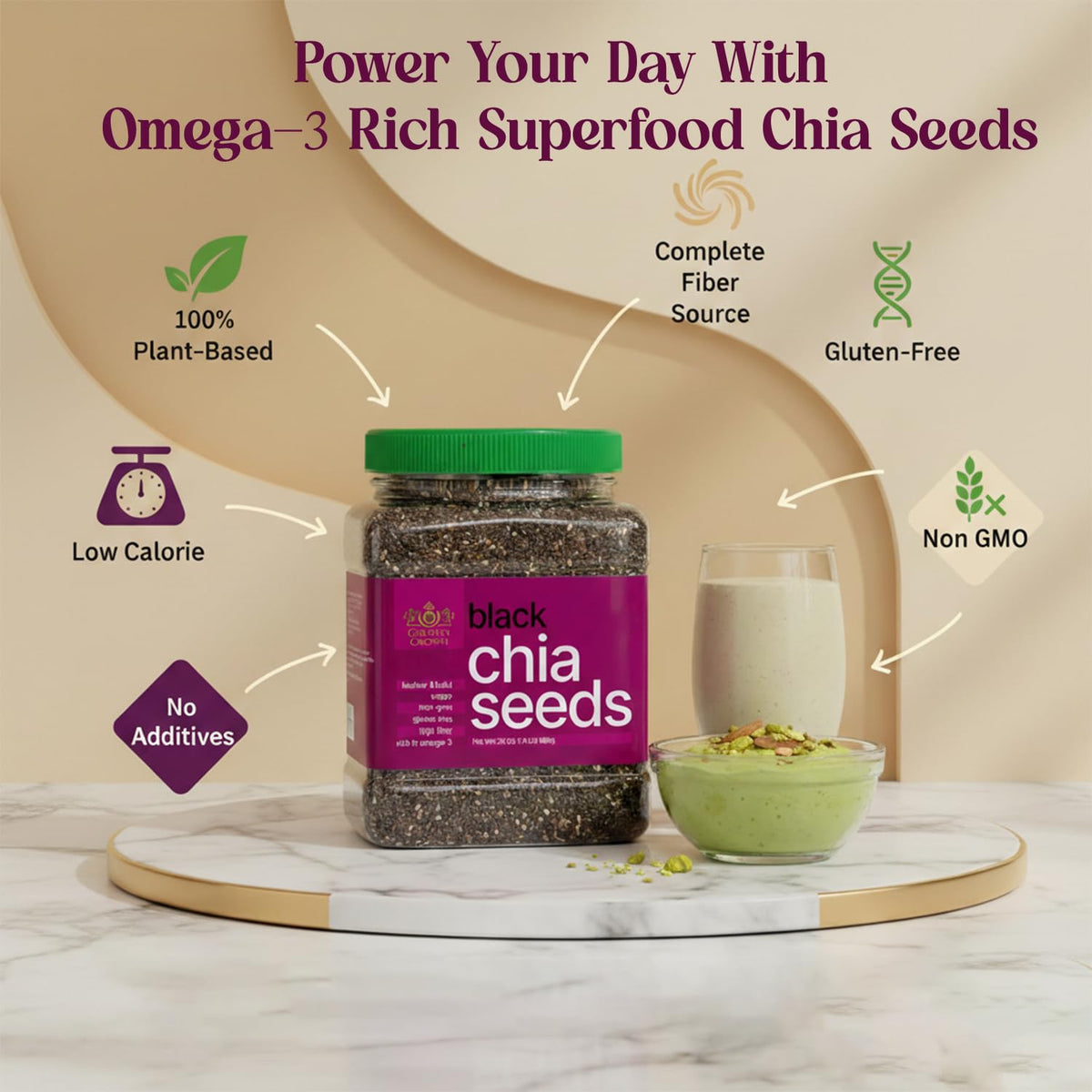 Golden Crown Black Chia Seeds poured into smoothie