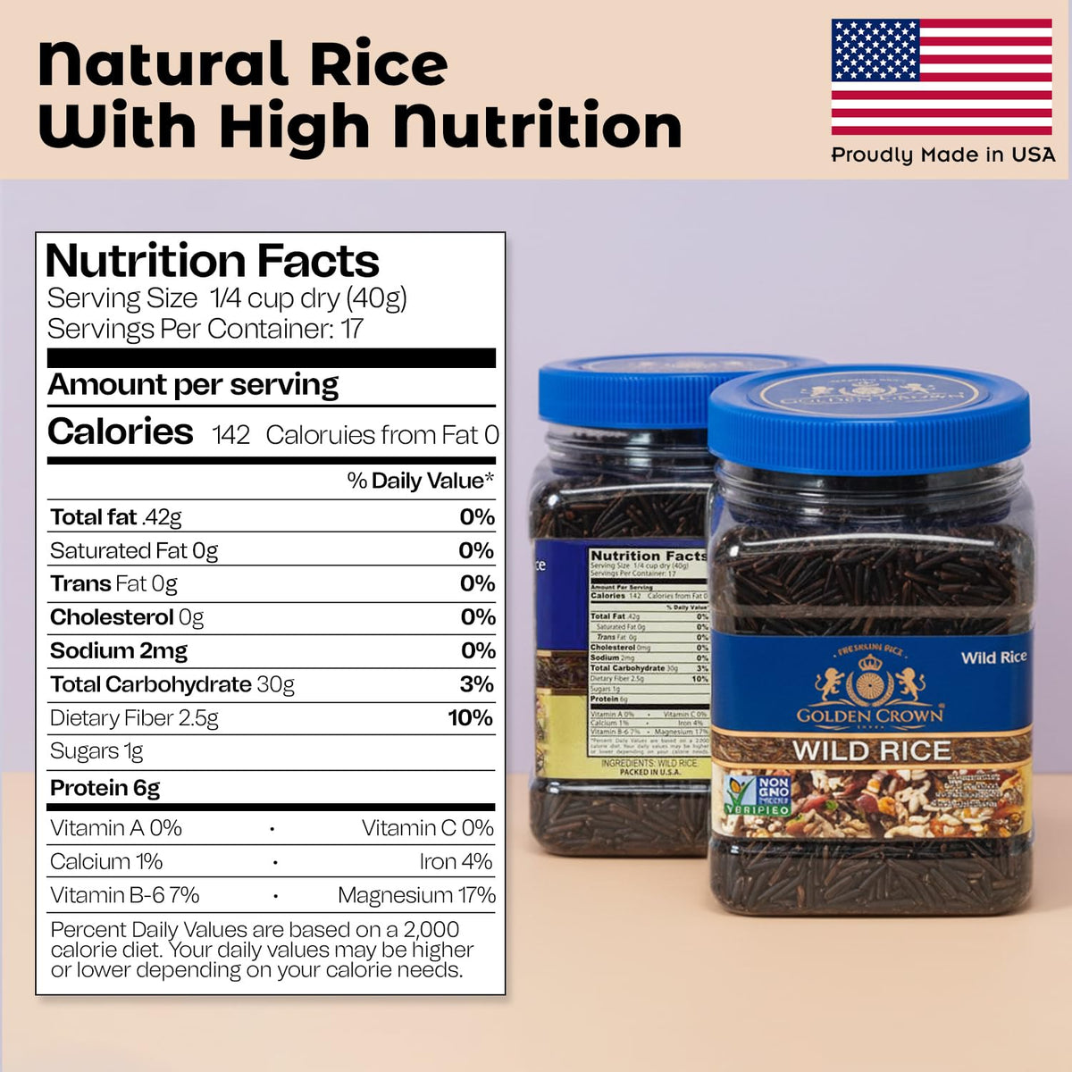 Golden Crown high-protein wild rice bag highlighting protein-rich grains.