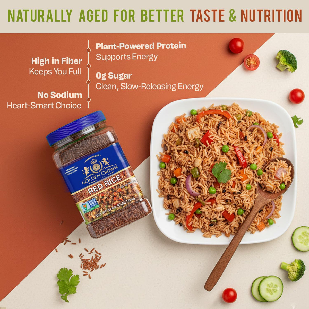 Golden Crown Red Rice cooked plate reveals nutty aroma and fluffy texture.