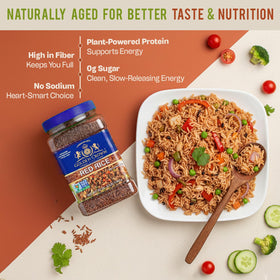 Golden Crown Red Rice cooked plate reveals nutty aroma and fluffy texture.