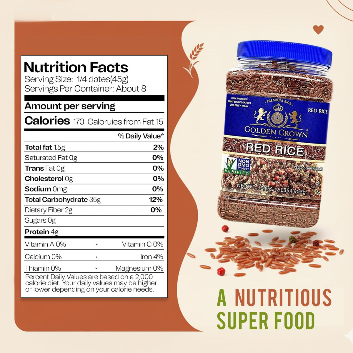 Golden Crown Red Rice dry grains display rich color and fiber-rich profile.