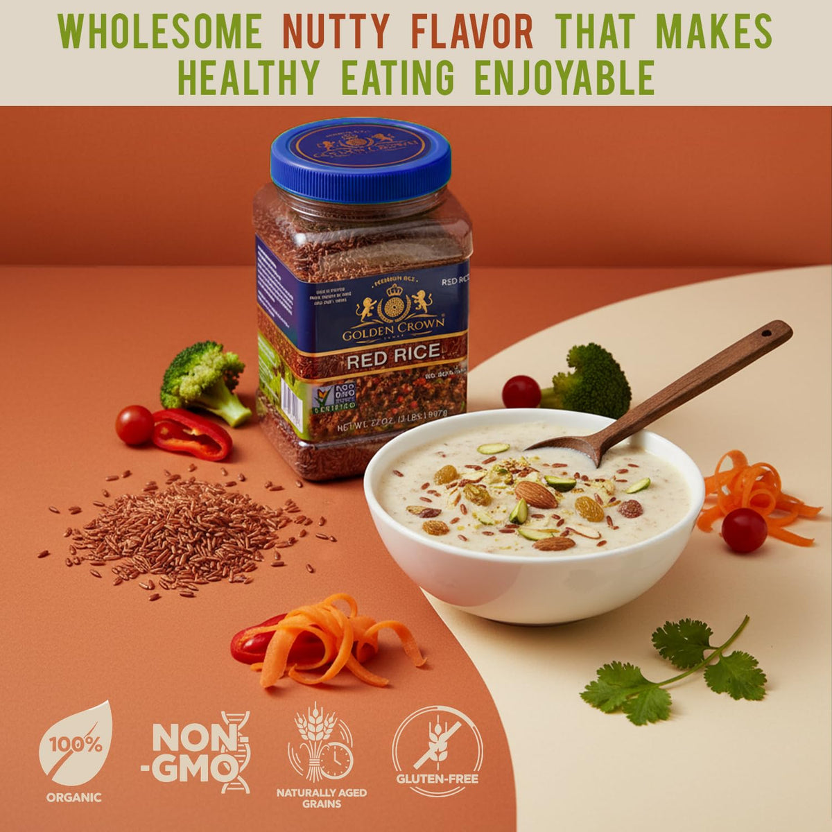 Golden Crown Red Rice nutty-aroma closeup emphasizes premium flavor and earthiness.