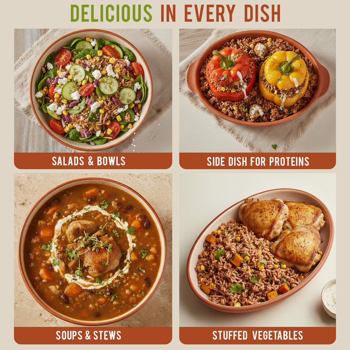 Golden Crown Red Rice salad-base image hints at healthy, fiber-rich lunches.