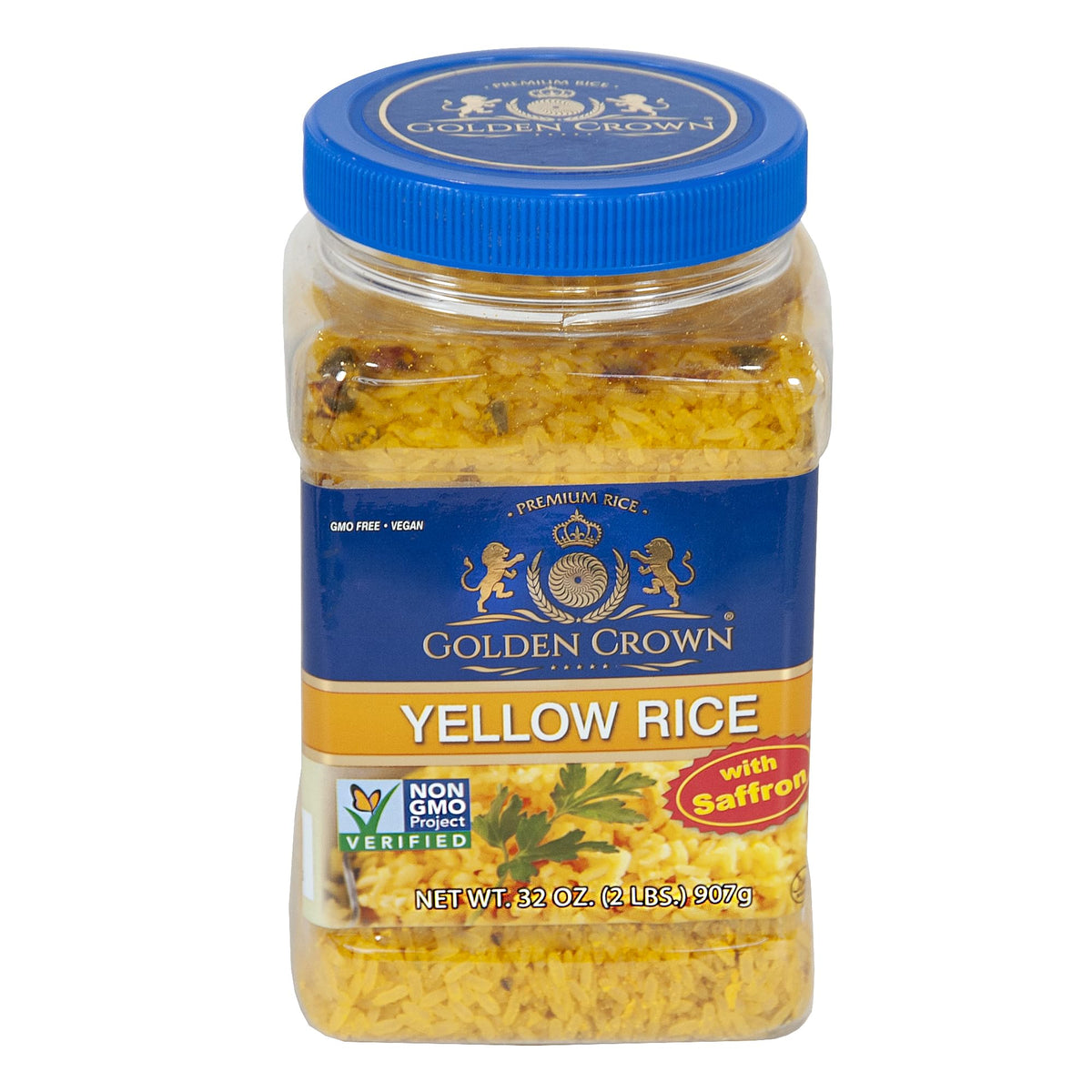 Golden Crown Saffron Yellow Rice jar front view, premium packaging for quick meals.