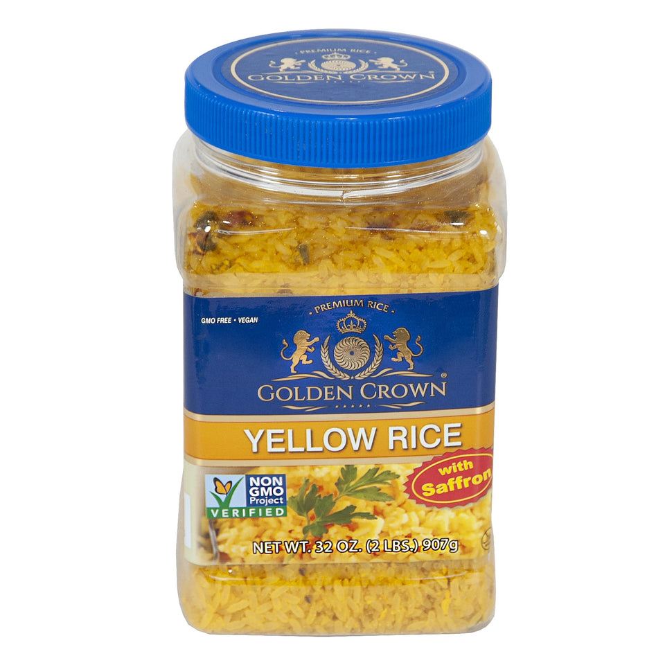 Golden Crown Saffron Yellow Rice jar front view, premium packaging for quick meals.