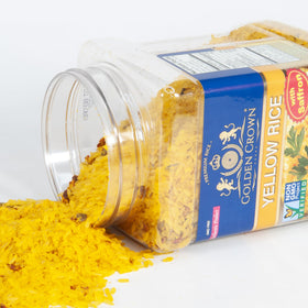 Golden Crown Saffron Yellow Rice with a steaming bowl, ready to heat and enjoy.