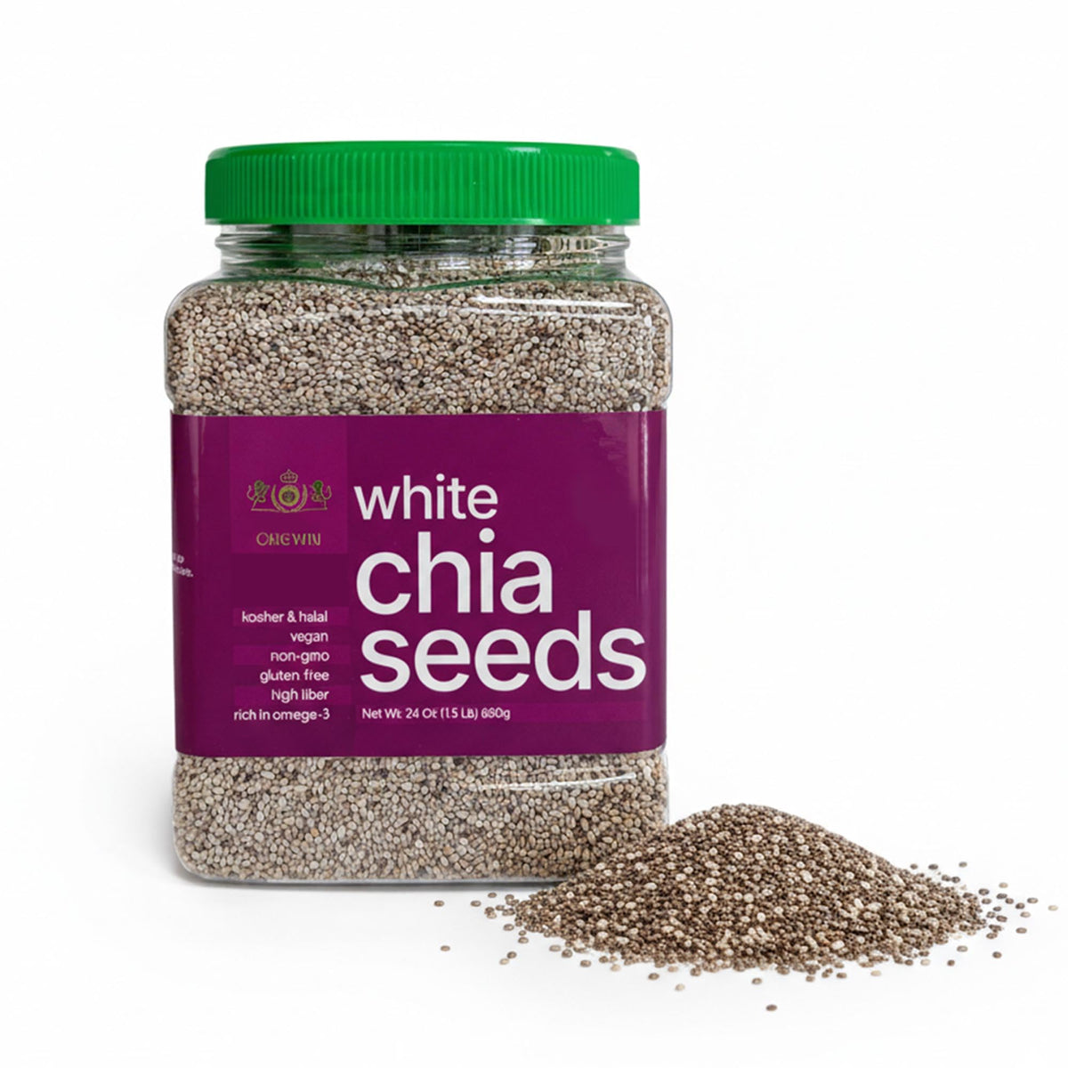 Golden Crown White Chia Seeds jar showing premium whole seeds for everyday cooking.