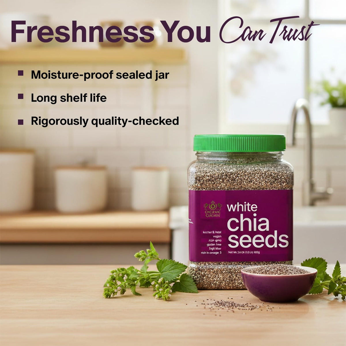 Golden Crown White Chia Seeds sprinkled on oats.
