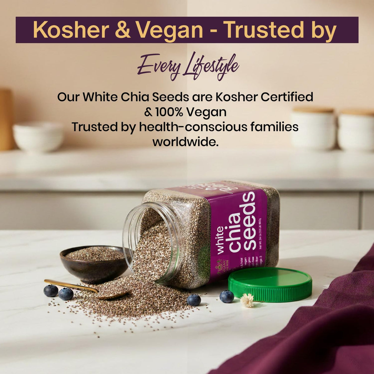 Golden Crown White Chia Seeds stored in a sealed jar to keep freshness.