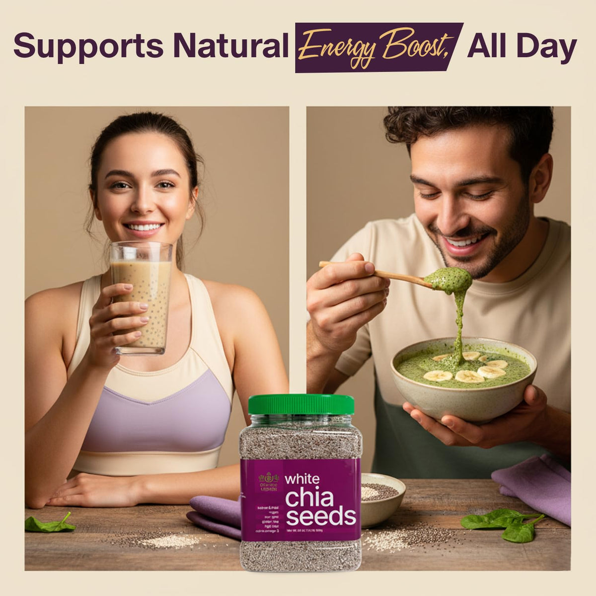 Golden Crown White Chia Seeds stirred into yogurt.