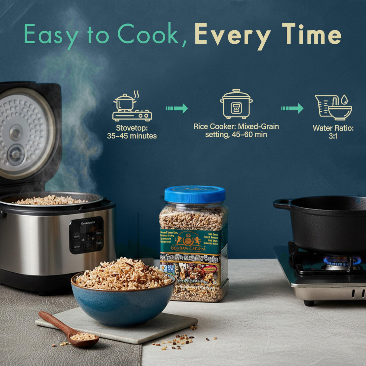 Golden Crown whole oats contribute hearty texture to mixed rice
