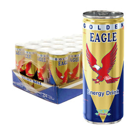 Golden Eagle Energy Drink can front view for sustained focus.