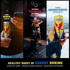 Golden Eagle energy can beside gym bag for workouts.