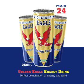 Golden Eagle Energy Drink can with side label highlighting natural ingredients.