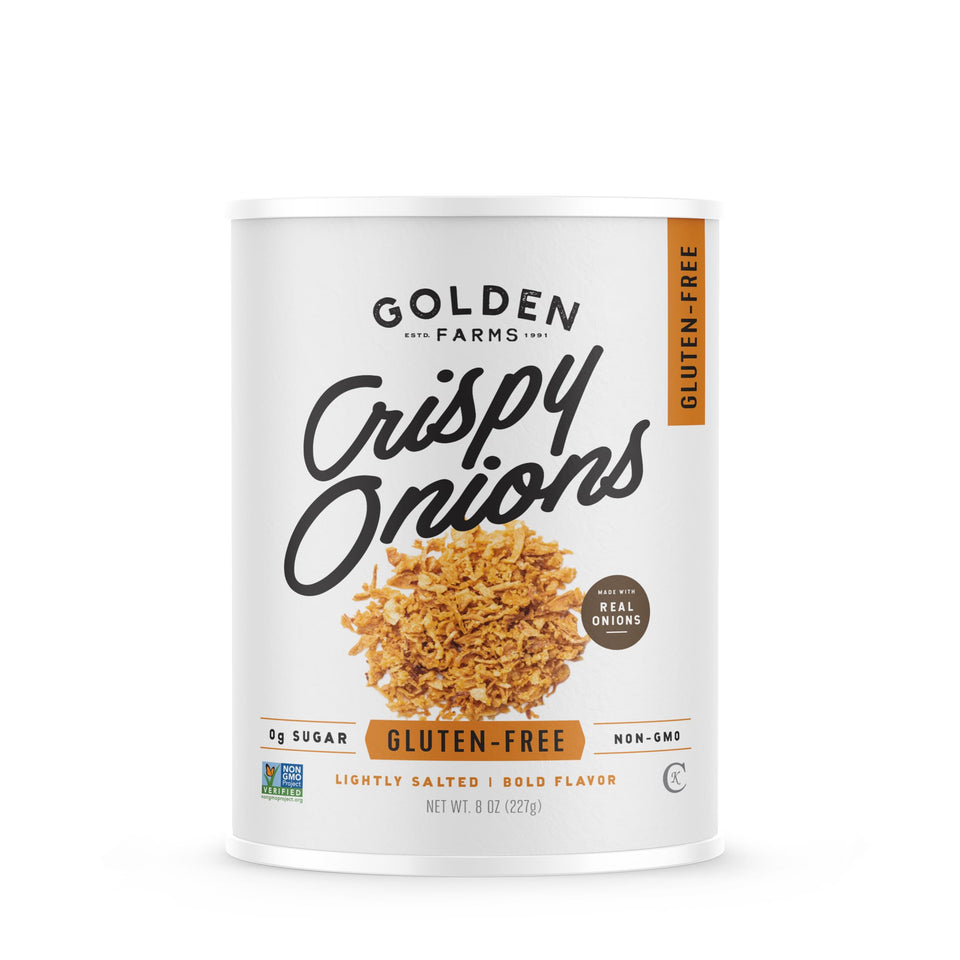 Golden Farms crispy fried onions bag close-up, adds bold texture to sandwiches.