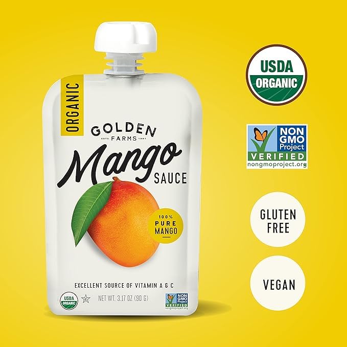 Golden Farms Mango Pouches in kid lunchbox, healthy single-ingredient treat.
