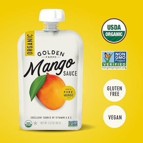 Golden Farms Mango Pouches in kid lunchbox, healthy single-ingredient treat.