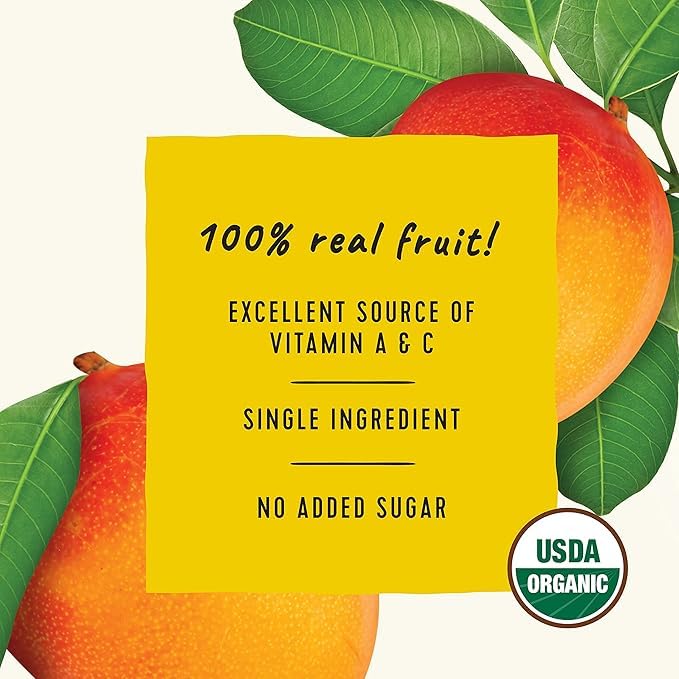 Golden Farms Mango Pouches nutrition facts panel, gluten-free and kosher.