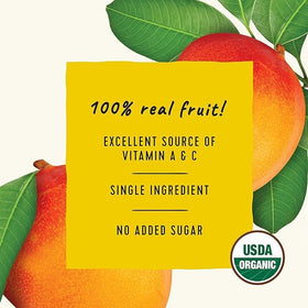 Golden Farms Mango Pouches nutrition facts panel, gluten-free and kosher.