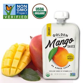 Golden Farms Mango Pouches squeeze pouch for mess-free on-the-go snacking.