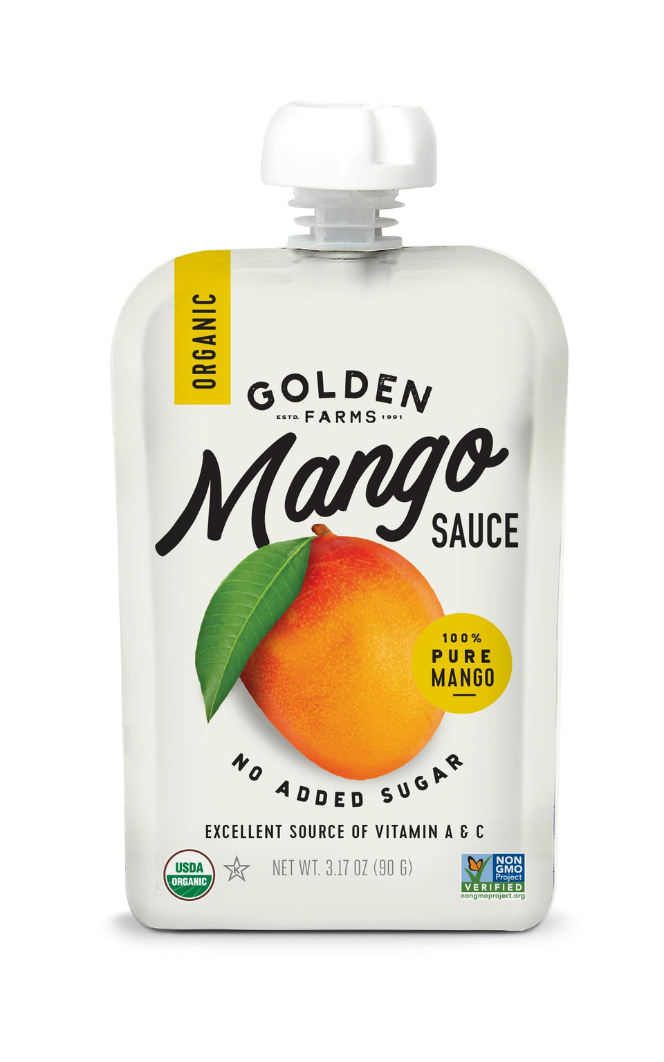 Golden Farms Mango Pouches packfront display; convenient grab-and-go snack.