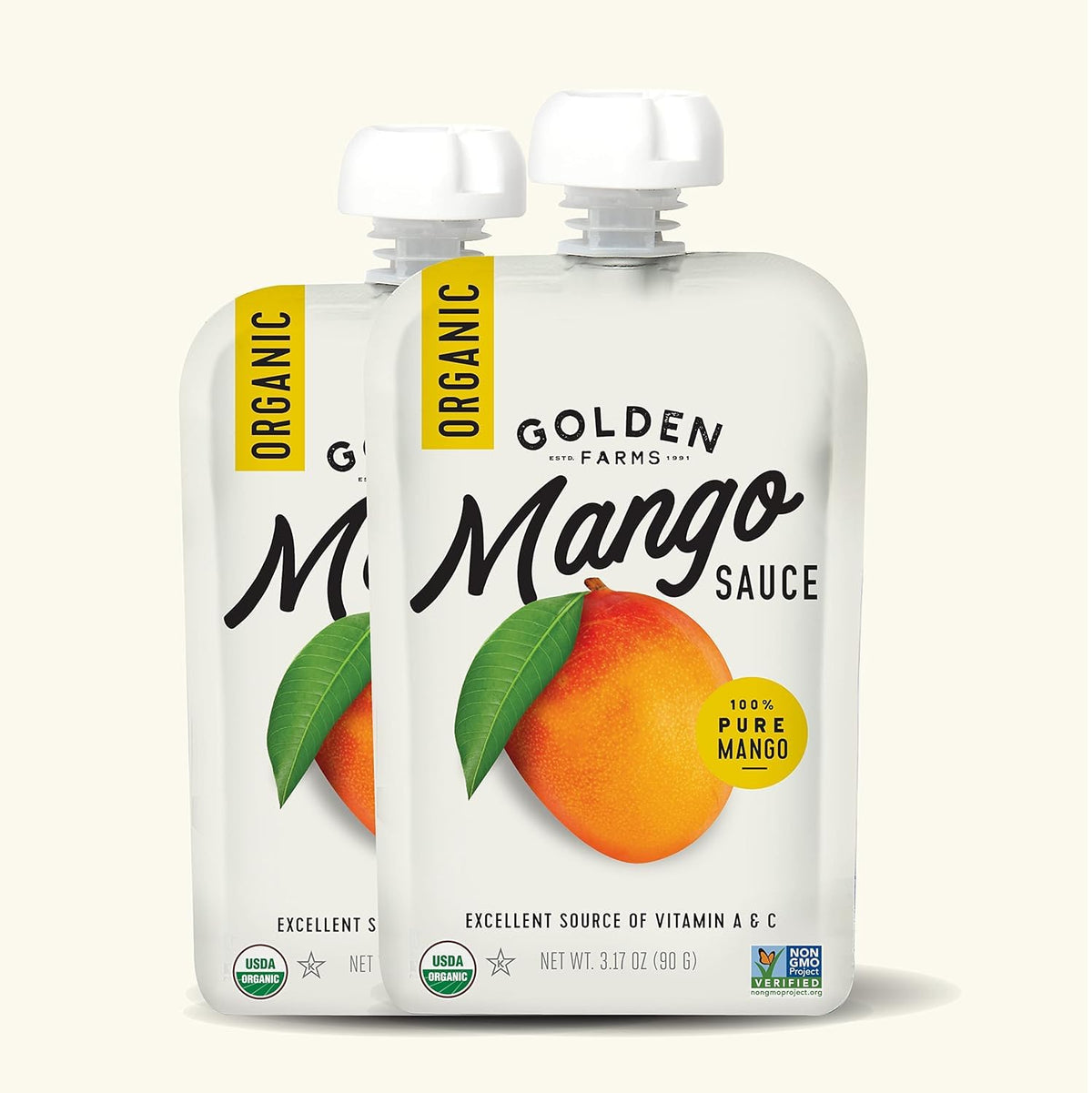 Golden Farms Mango Pouches tropical flavor, provides vitamin C and fiber.