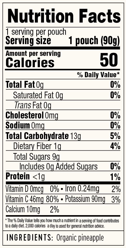 Golden Farms Pineapple Pouch organic ingredients label highlights 100% fruit