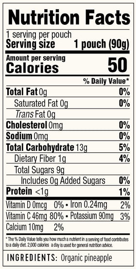 Golden Farms Pineapple Pouch organic ingredients label highlights 100% fruit
