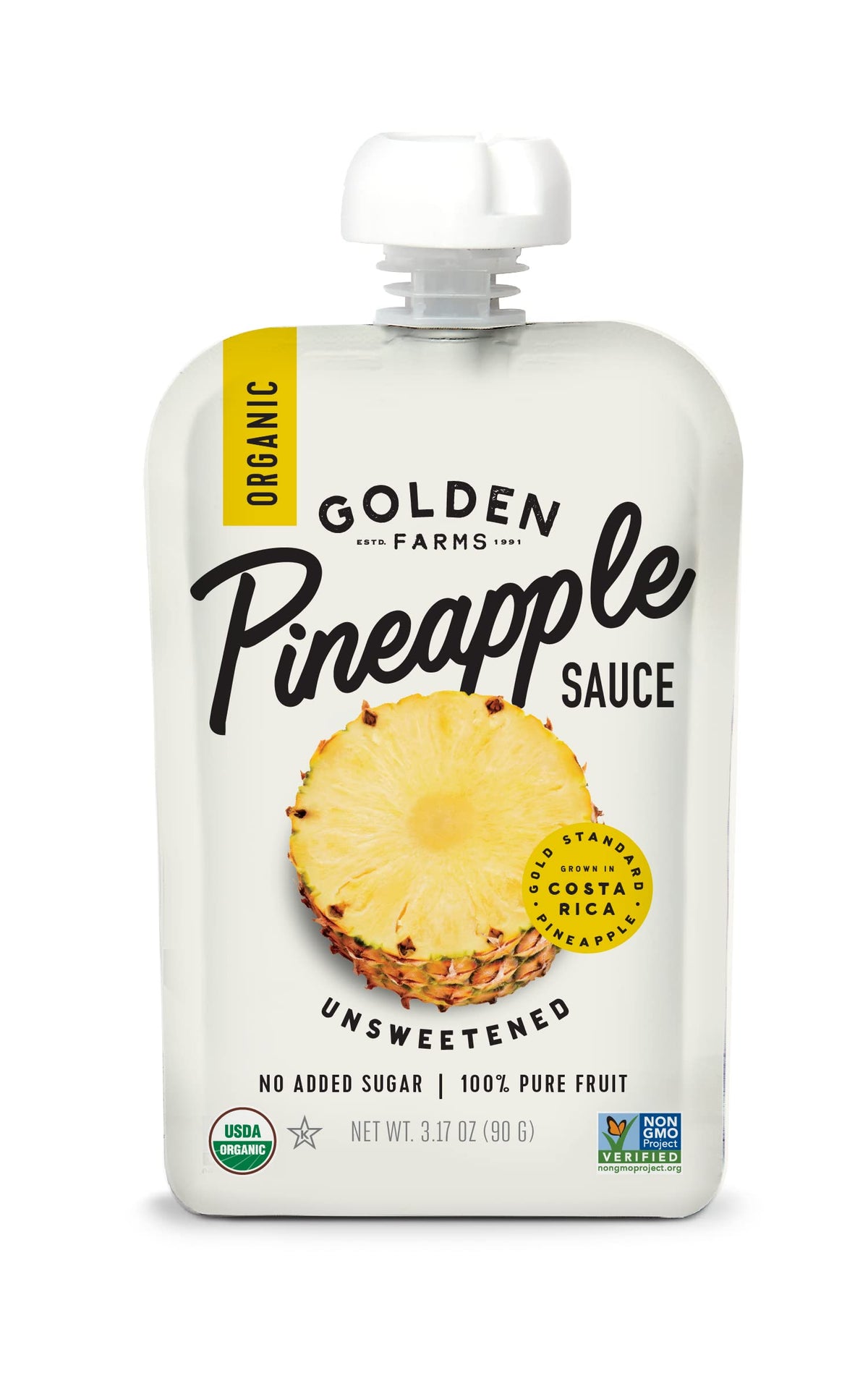 Golden Farms pineapple pouches packaging, convenient grab-and-go healthy snack