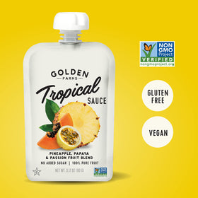 Golden Farms tropical pouches on-the-go convenient snack for busy days.