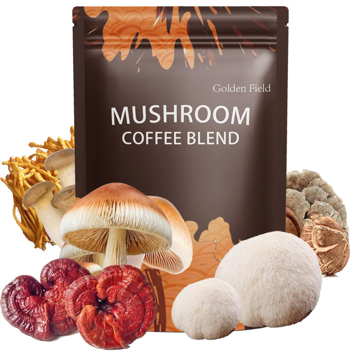 Golden Field Mushroom Coffee pack shot with six-mushroom blend for energized mornings