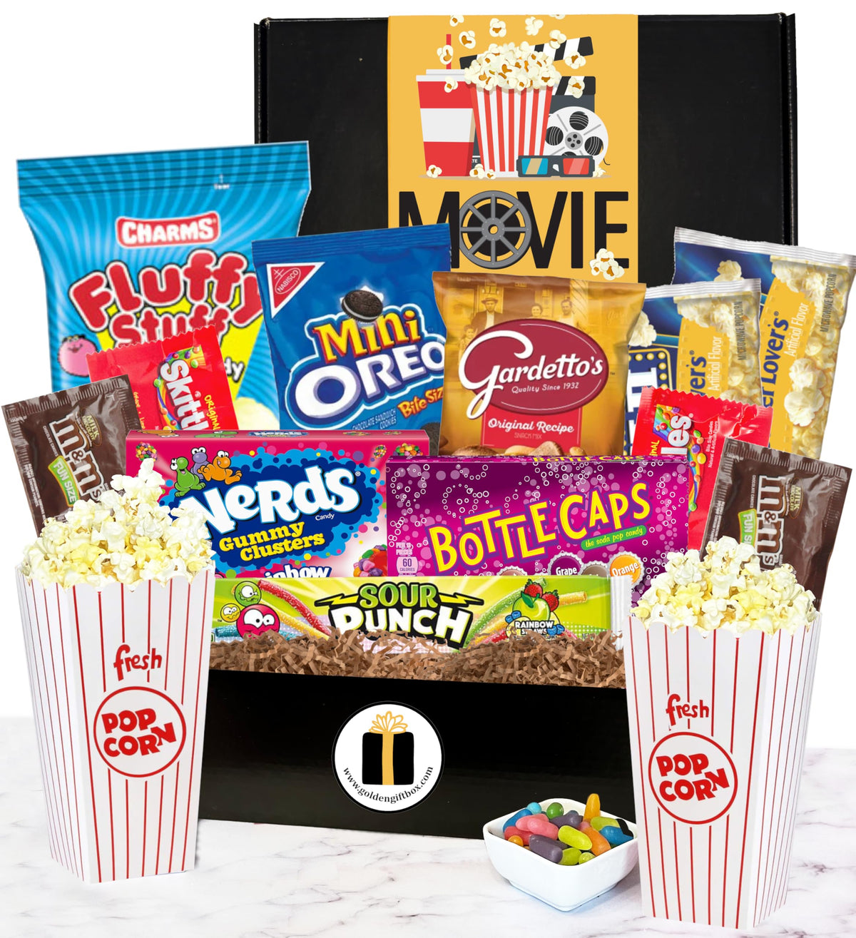 Golden Gift Box deluxe movie night basket for cozy home cinema