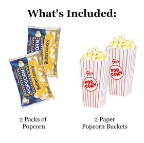 Golden Gift Box popcorn buckets shown as reusable serving for gatherings