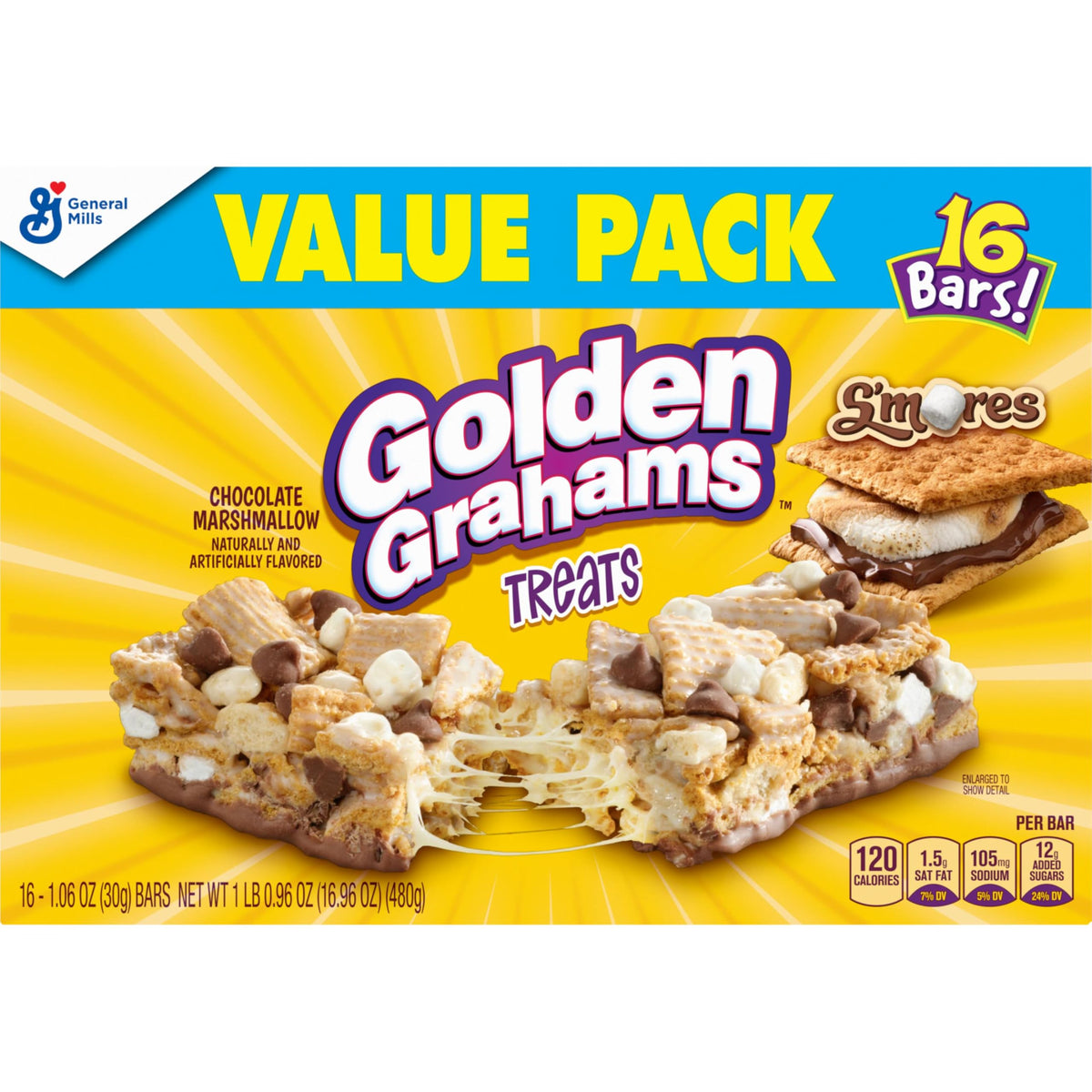 Golden Grahams S'mores bar close-up with marshmallows, highlighting chewy texture.