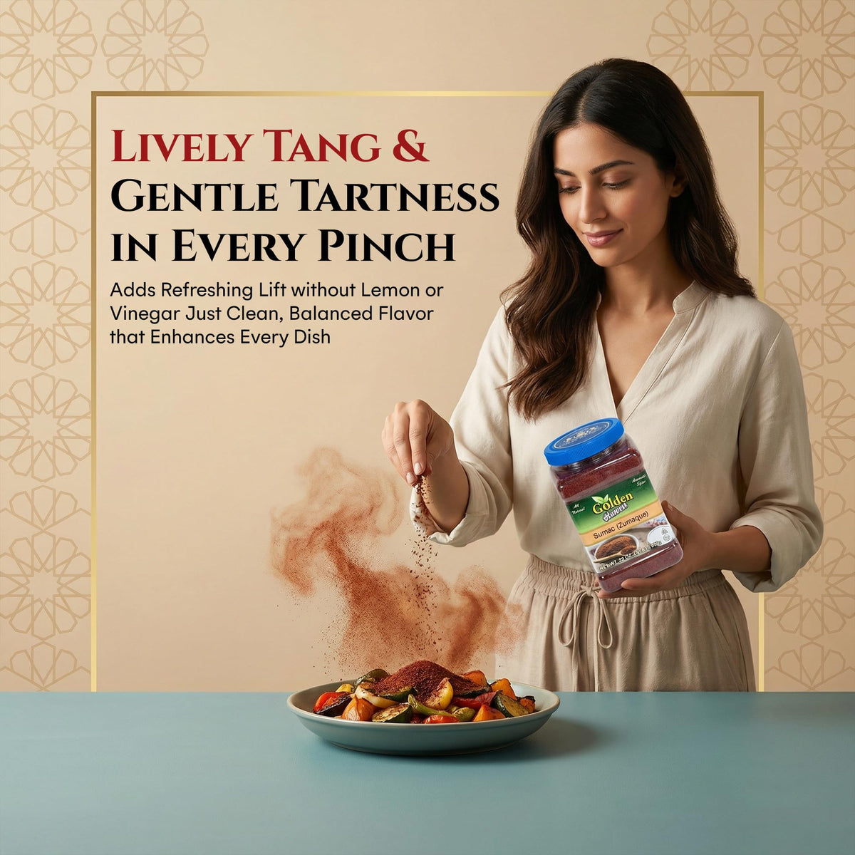Golden Harvest Sumac Powder close-up highlighting fine, seed-free texture for clean cooking.