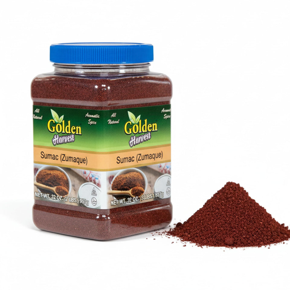 Golden Harvest Sumac Powder in a glass jar shows vibrant ruby color for bright dishes.