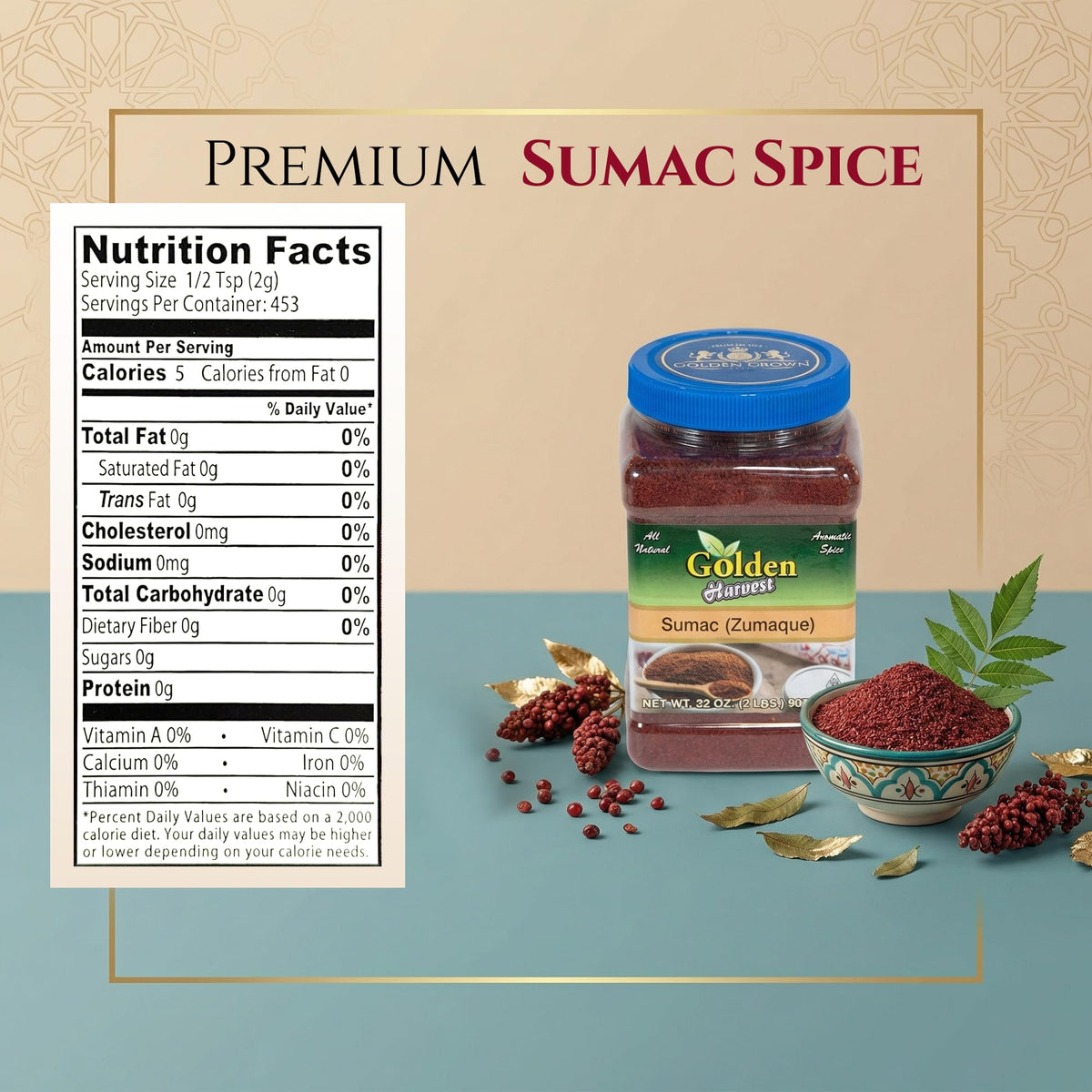 Golden Harvest Sumac Powder with a spice scoop ready for sprinkling on salads.