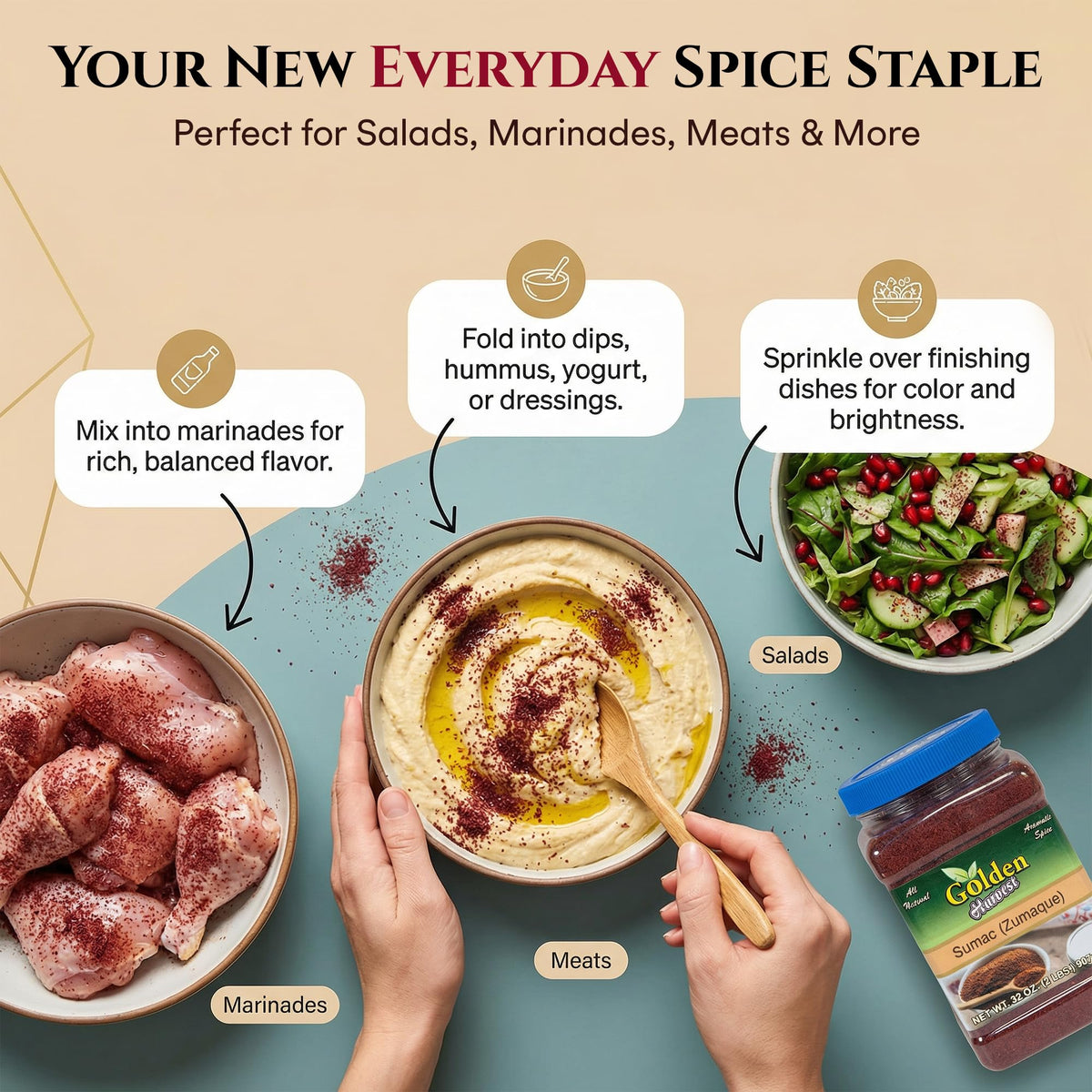 Golden Harvest Sumac salad dressing shot highlighting tangy citrus lift.