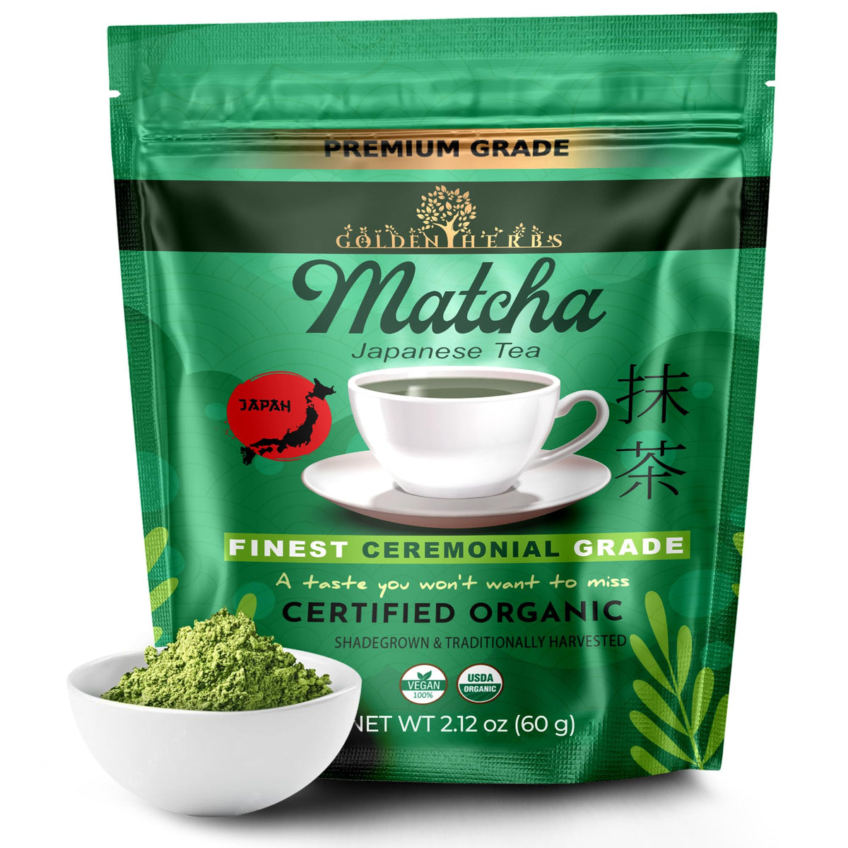 Golden Herbs Matcha ceremonial packaging shows premium quality and resealable freshness for long-lasting freshness.