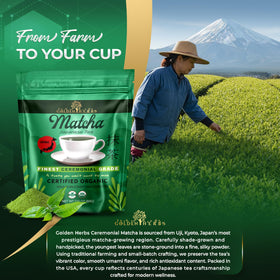 Golden Herbs Matcha labels highlight gluten-free and vegan-friendly attributes.