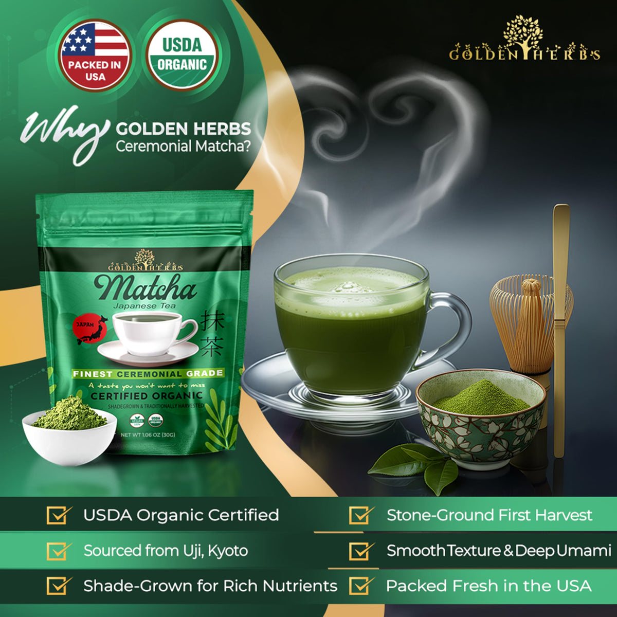 Golden Herbs Matcha USDA Organic label and additive-free purity