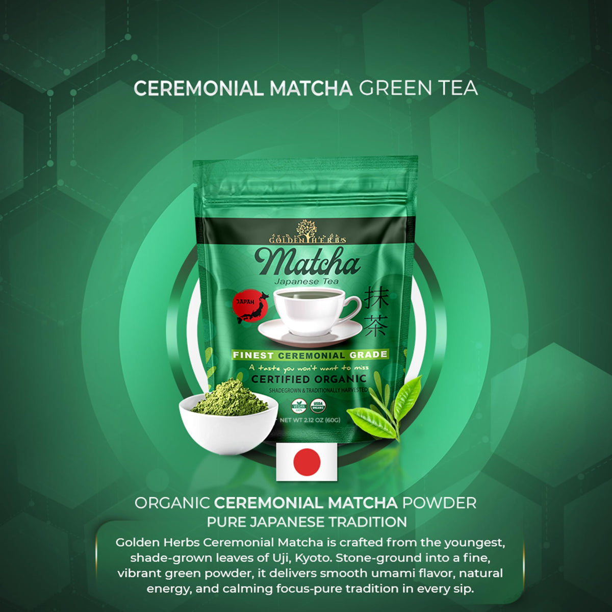 Golden Herbs Matcha in a glass cup highlights a smooth, vibrant brew for traditional whisking.