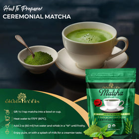 Golden Herbs Matcha showcases umami with a natural sweetness in a cafe setting.