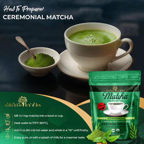 Golden Herbs Matcha being whisked into a foamy cup of tea
