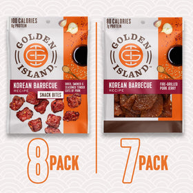 Golden Island Korean BBQ jerky packs on the go, ideal for travel and quick protein.