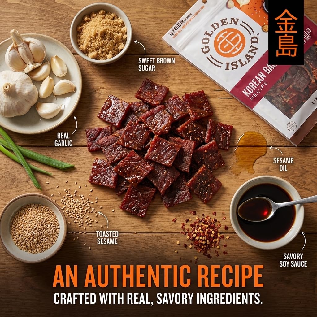 Golden Island Korean BBQ Pork Jerky close-up reveals fire-grilled finish and savory sweetness