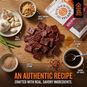 Golden Island Korean BBQ Pork Jerky close-up reveals fire-grilled finish and savory sweetness