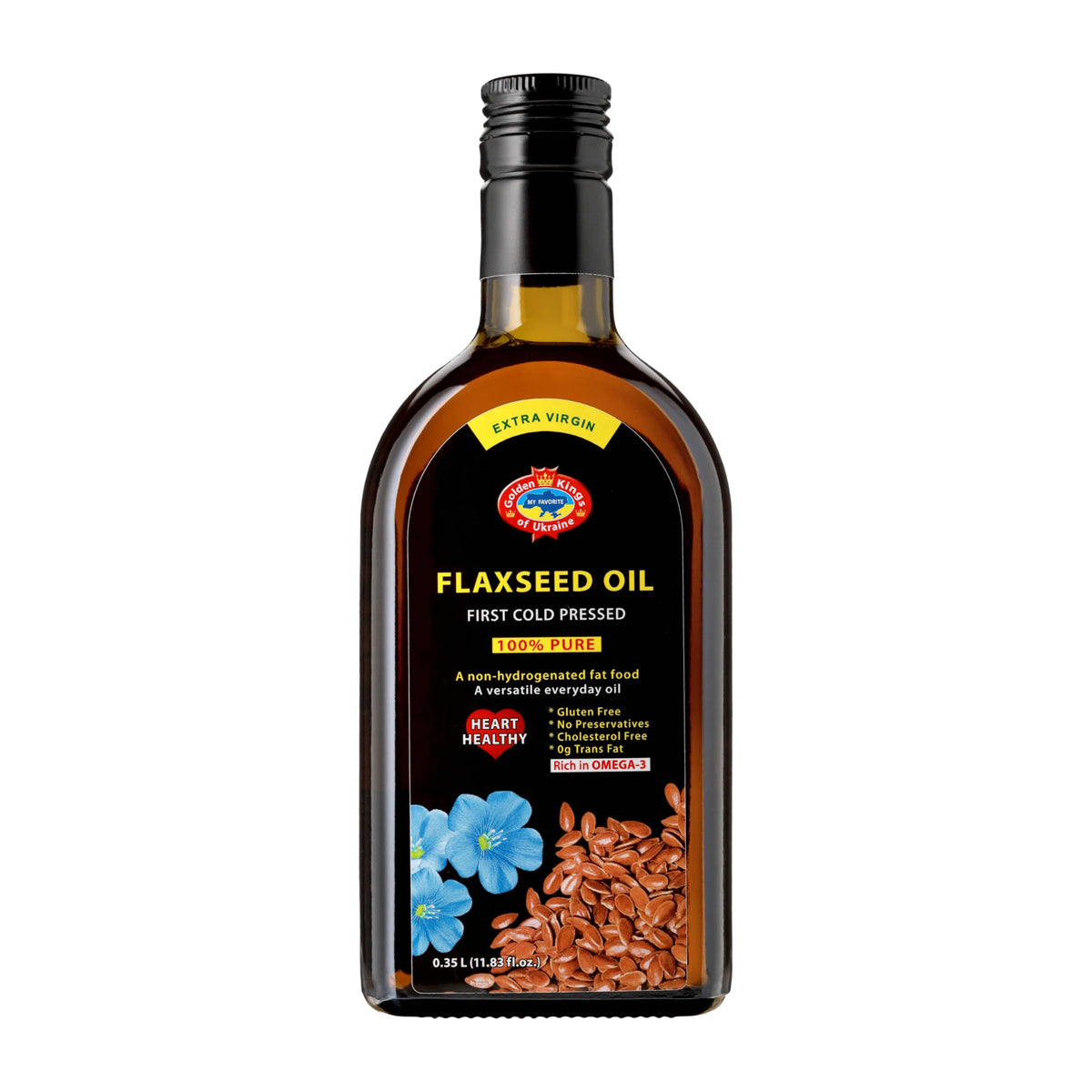 Golden Kings flaxseed oil bottle pouring, ideal for omega-3 rich salad dressings.