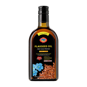 Golden Kings flaxseed oil bottle pouring, ideal for omega-3 rich salad dressings.