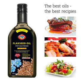 Golden Kings flaxseed oil droplets on a finished salad plate.